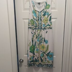 -Talbot's Floral Sleeveless Lined Dress - White and Green Popover Stretchy XL
